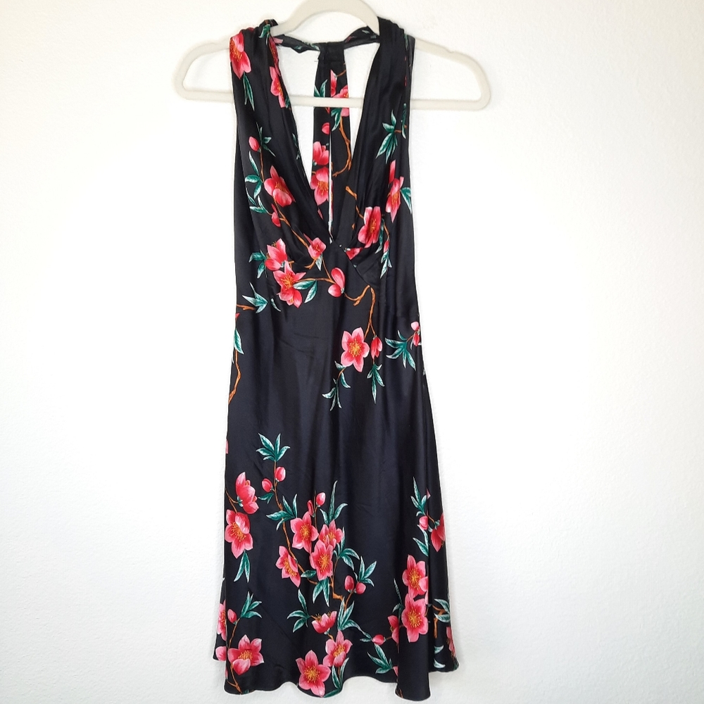 Victoria's Secret Black Floral Slip Dress with Pink & Green Blossoms